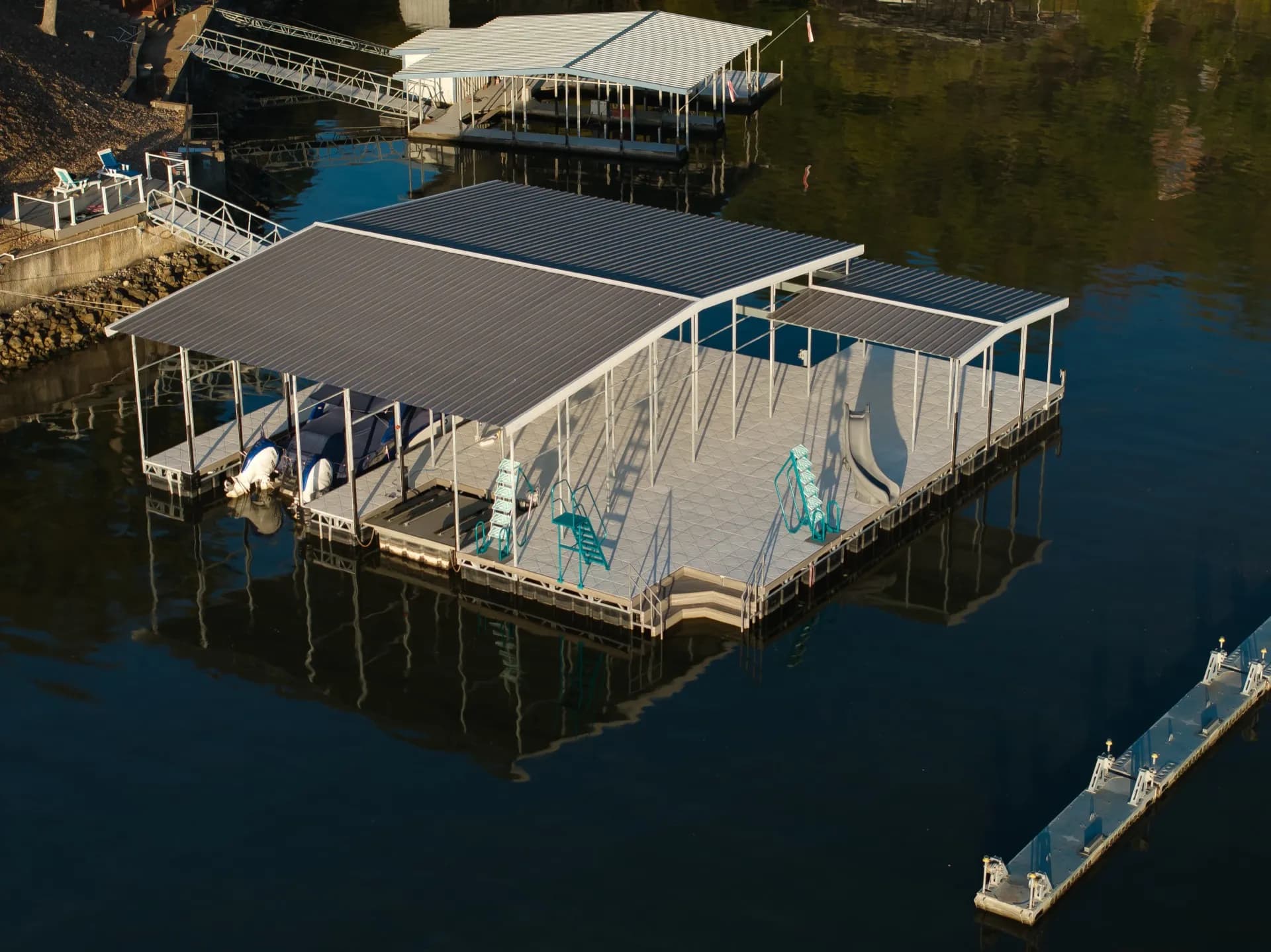 Aerial view of a Big Thunder dock project at Lake of the Ozarks